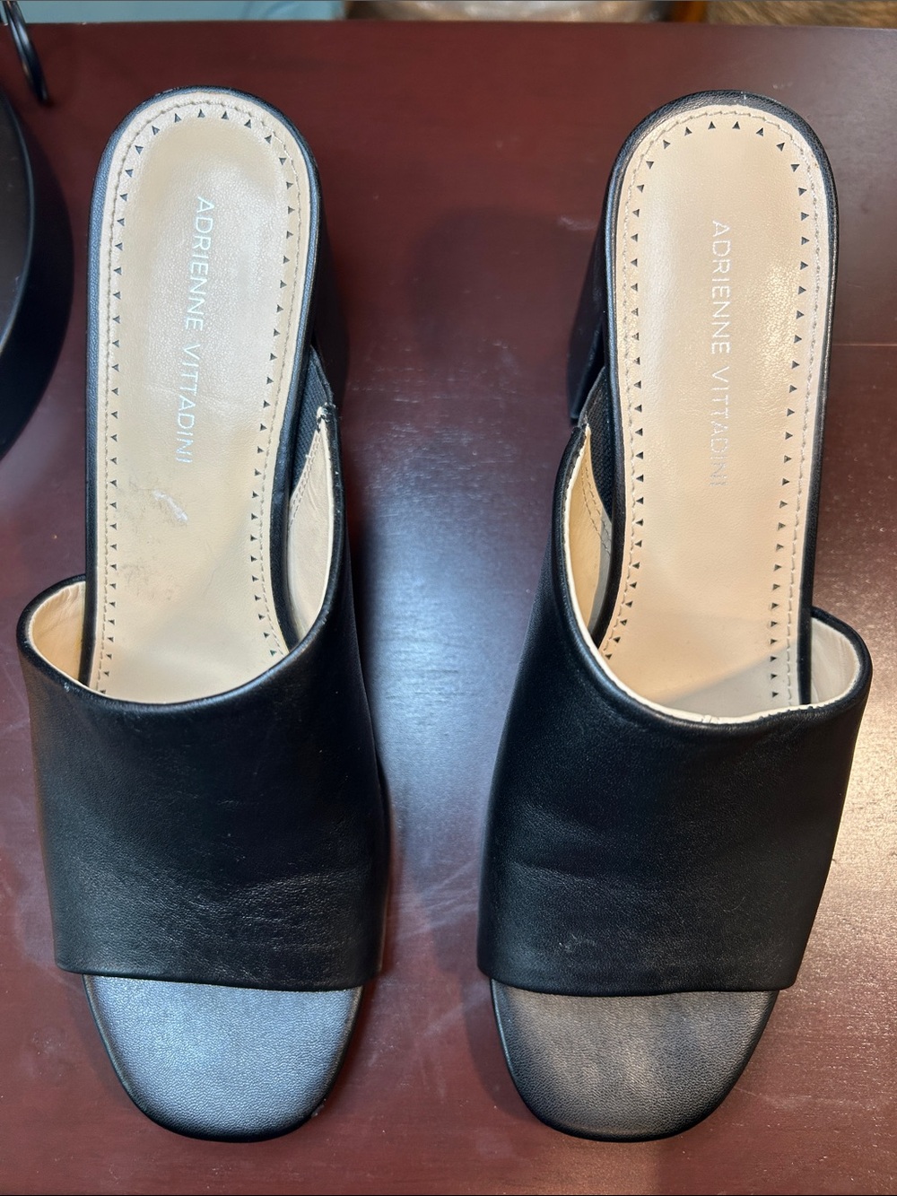 Adrienne Vittadini Black Leather Slide Mules